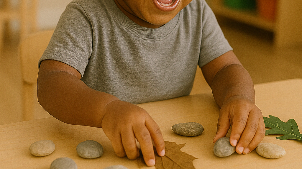 Toddler exploring nature materials during Montessori-inspired language class at Little Talks Melbourne.