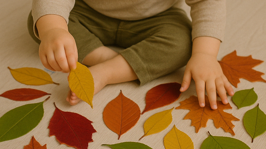 Toddler playing with colorful leaves during Montessori-inspired language session at Little Talks Melbourne.