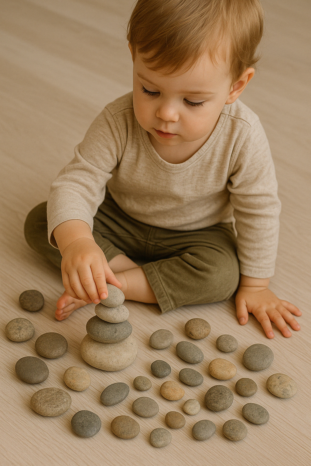 Toddler engaging with natural stones during Montessori-inspired language learning at Little Talks Melbourne.