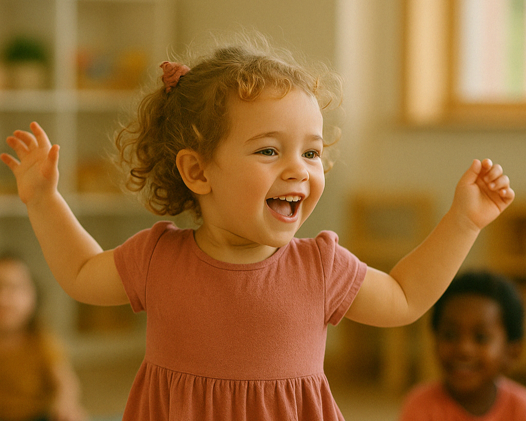Young girl dancing joyfully during Montessori-inspired language class at Little Talks Melbourne.